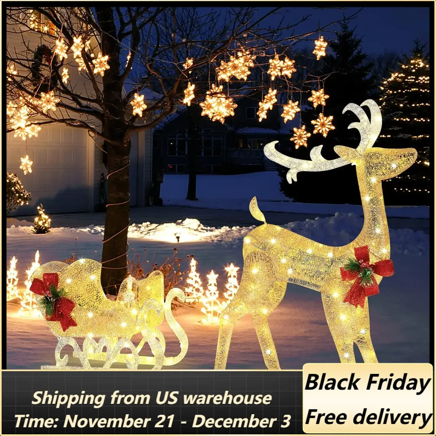 4.7 FT Lighted Christmas Reindeer & Sleigh, Xmas Lighted Outdoor Decoration with 100 Warm Lights, 8 Ground Stakes, 30 Cable Ties