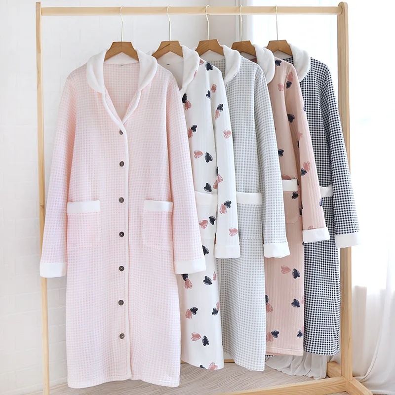 

100% Cotton Air Layer Lightweight Women's Winter Nightgown Long Sleepwear Dress Warm Knee Length Pajamas Dress Grid Home Clothes