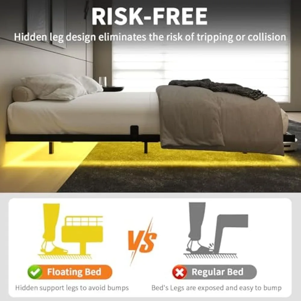 إطار سرير عائم بحجم كوين، سرير بمنصة معدنية حديثة مع أضواء LED، لا حاجة إلى صندوق زنبركي، سهل التجميع