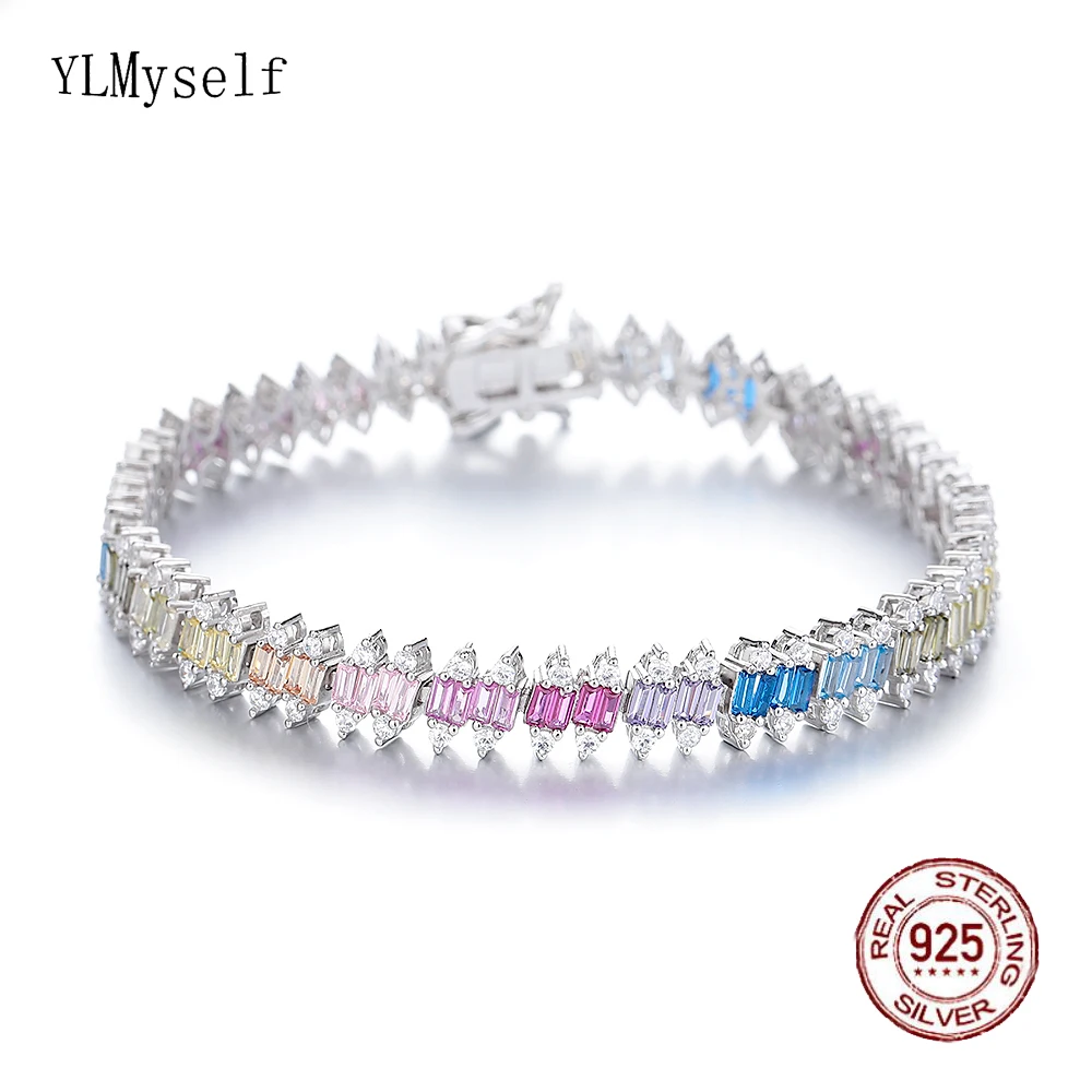 Solid 925 Silver Fine  Jewelry 17.5 CM (7 Inch) Chain Bling Full Rainbow Cubic Zircon Real Silver Tennis Bracelet For Women