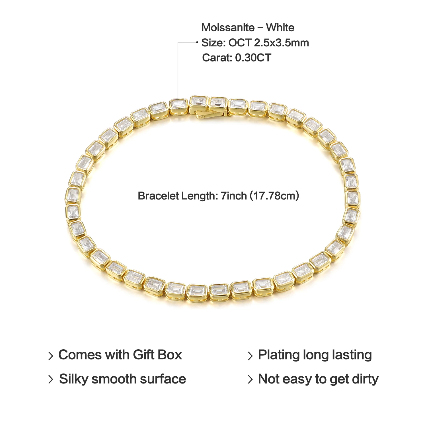 GEM\'S BALLET Octagon Cut 2.5x3.5mm Eternity Bezel Moissanite Tennis Bracelet 925 Sterling Silver 14K Gold Bracelet Gift for Her