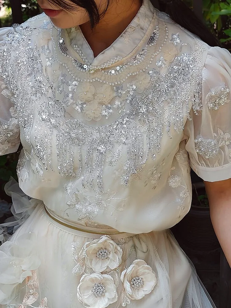 Luxury Chinese Style Floral Embroidery Pearls Beaded Tassels 3D Flowers Chiffon Shirts Fairy Stand Collar Sequined Blouses Tops