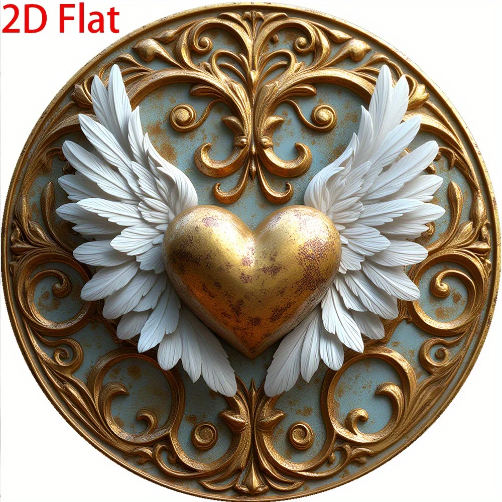 HD Tin Sign, 3D Effect Winged Heart Round Metal Wall Art, Vintage Baroque Love Decor for Home Living Room Bedroom