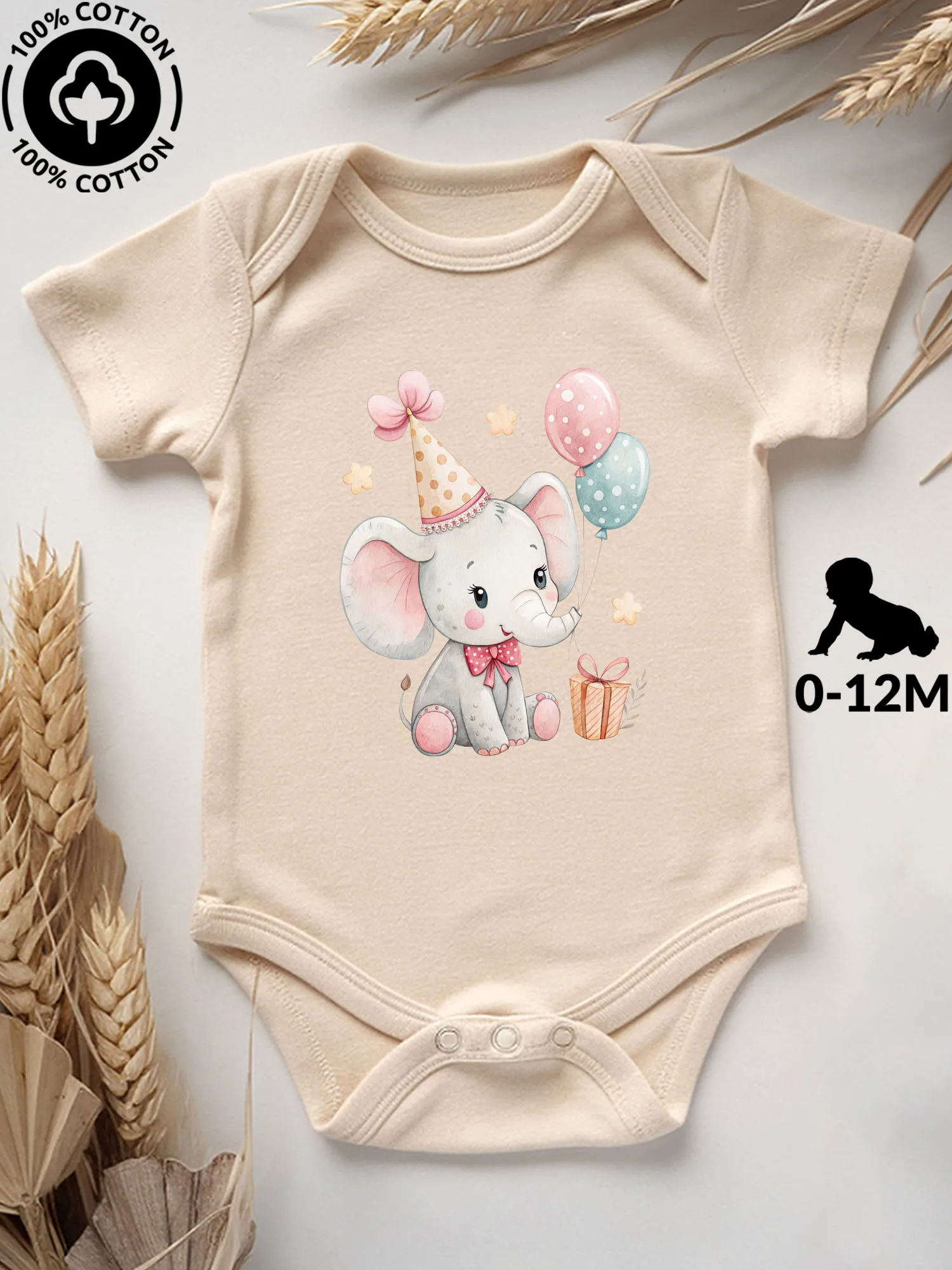 

Joyful Birthday Elephant Unisex Baby Bodysuit, 100% Cotton Soft Onesie, All-Season Wear Beige Crawling Suit 190GSM