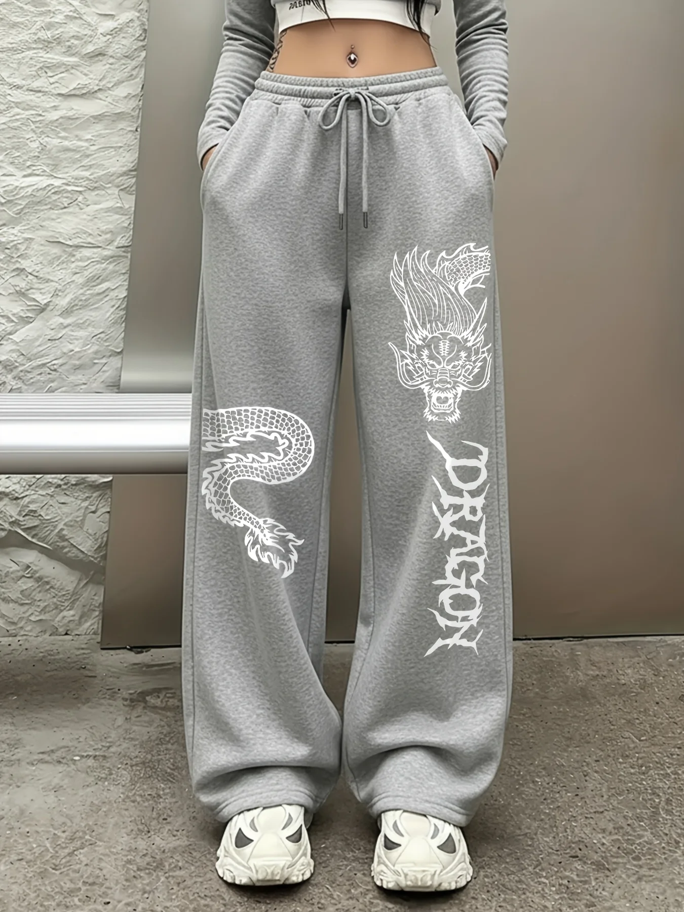 Women's Street Style Casual Sweatpants with Dragon Element Print  Arrivals for Spring Fleece Loose Fit Streetwear Oversized