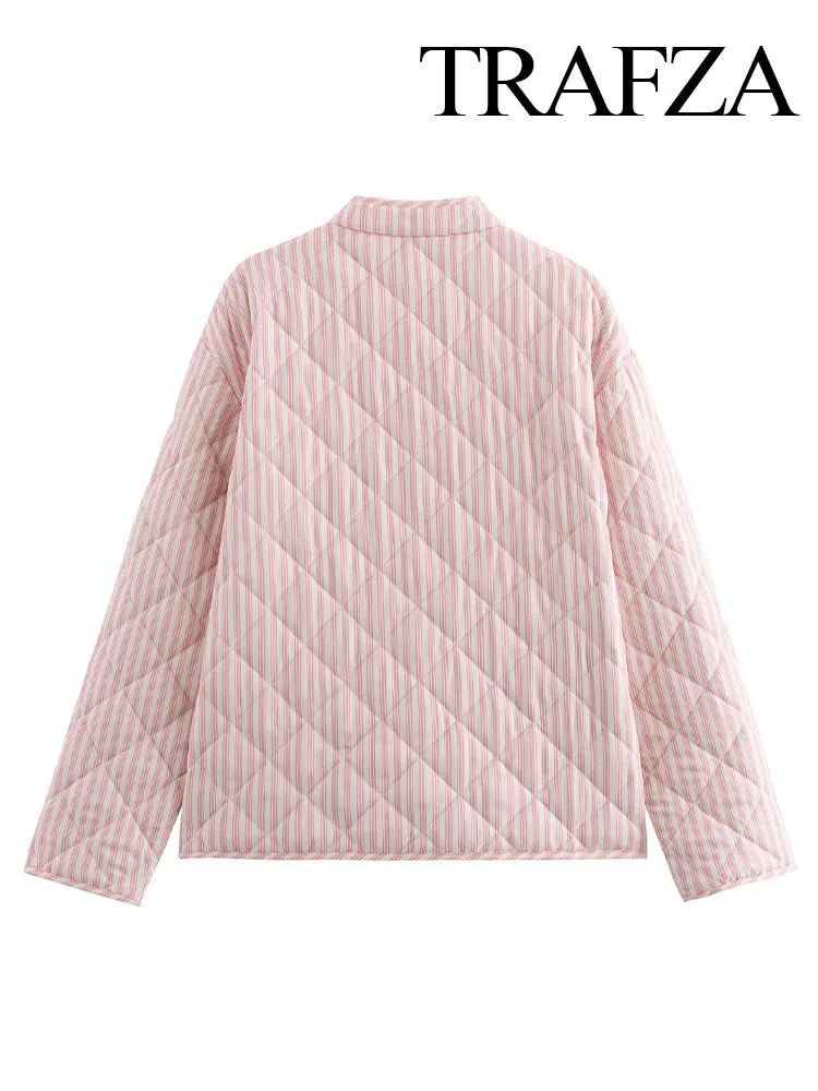 TRAFZA Autumn Women Fashion Pink Striped O-Neck Jacket Cotton Coat Single Breasted Long Sleeve Warm Pocket Jacket Top Mujer