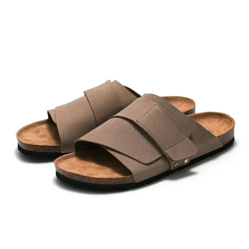 

New Summer Men Women Cork Slipper Casual Beach Non-slip Outside Nubuck Leather Slip on Slides Shoes Men Women Sandals