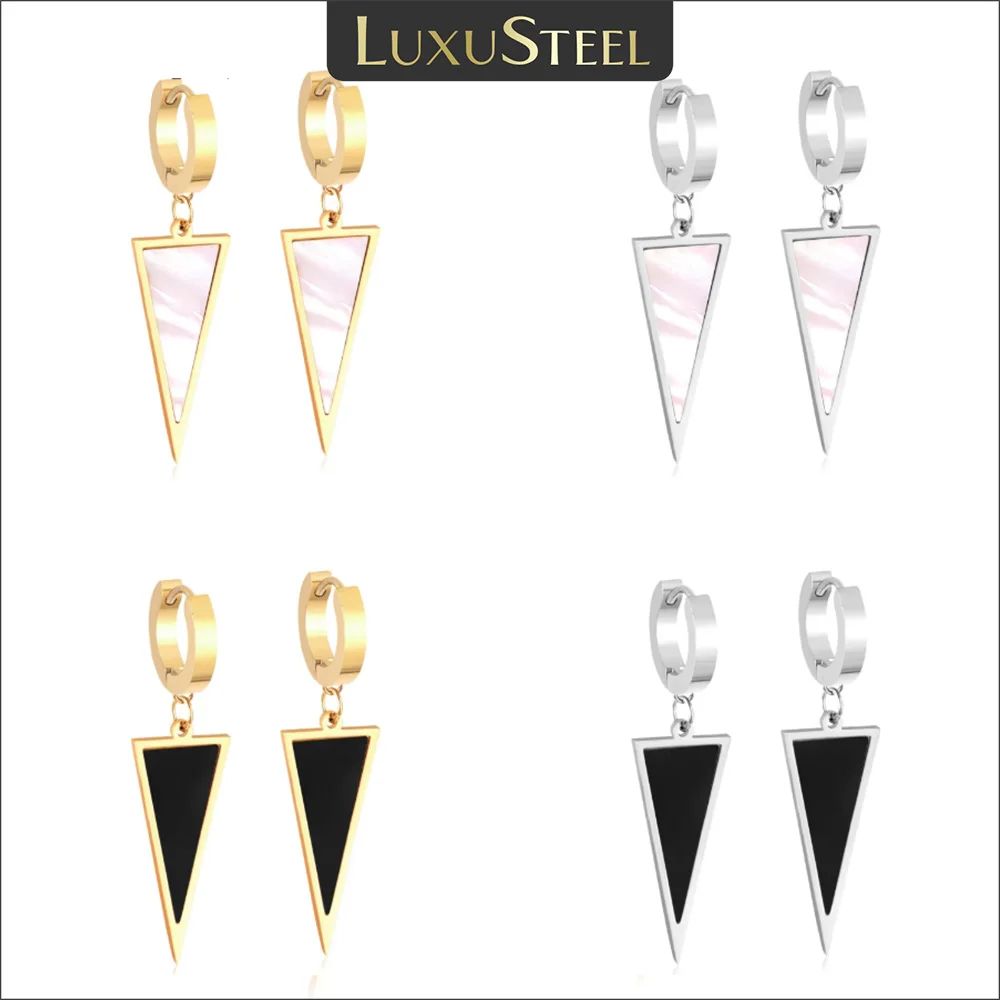 LUXUSTEEL 펑크 기하학 삼각형 블랙 쉘 후프 귀걸이 여성을위한 남성 스테인레스 스틸 드롭 귀걸이 한국 패션 Brincos