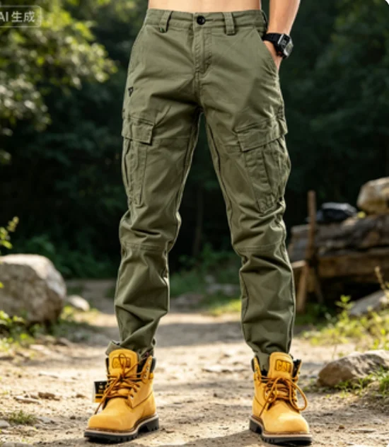 Men's Khaki Cargo Pants, Casual Slim Fit Multi-Pocket Work Trousers For Streetwear & Outdoor