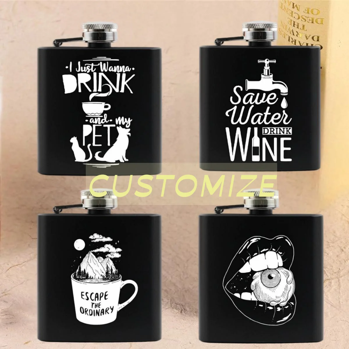 6oz Flask Customized Photo/Logo Portable Stainless Steel Black Hip Flask with Screw Down Cap Best Gift Personalized Hip Flask