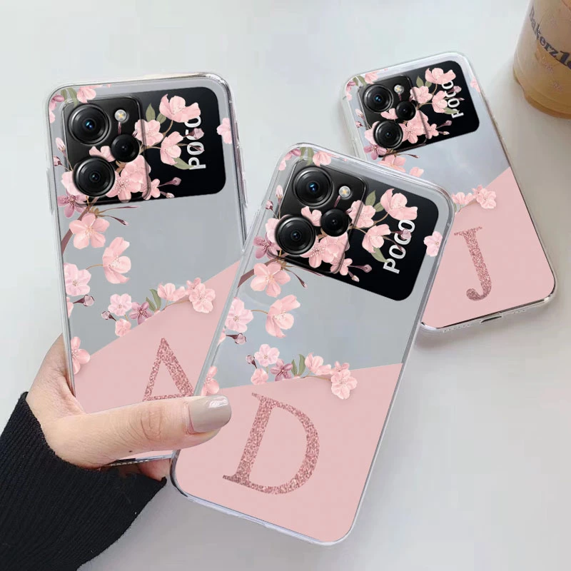 Clear Initial Letter Phone Case For POCO X5 X 5 Pro 5G Shockproof Protector Flowers Cover For Xiaomi POCOX5 X5Pro Coque Soft TPU