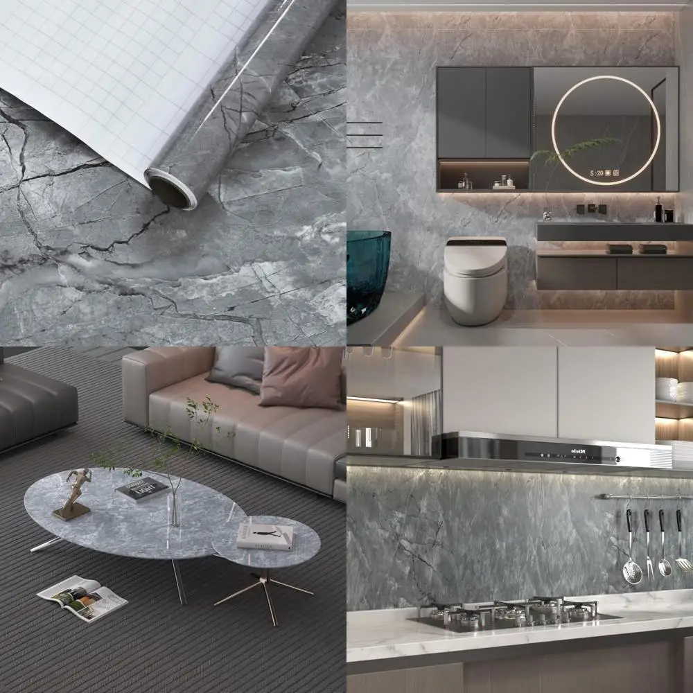 ورق اتصال رخامي رمادي - فينيل ذاتي اللصق مقاوم للماء لجدران المطبخ - قابل للإزالة وسهل الاستخدام