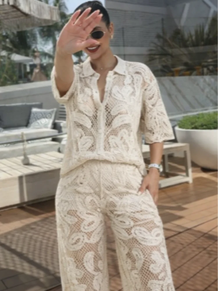 

Women's Floral Embroidery 2-piece Crochet Lace Shirt Wide Leg Pants Hollowed Out Lapel Casual Set Casual Vacation Street Wear