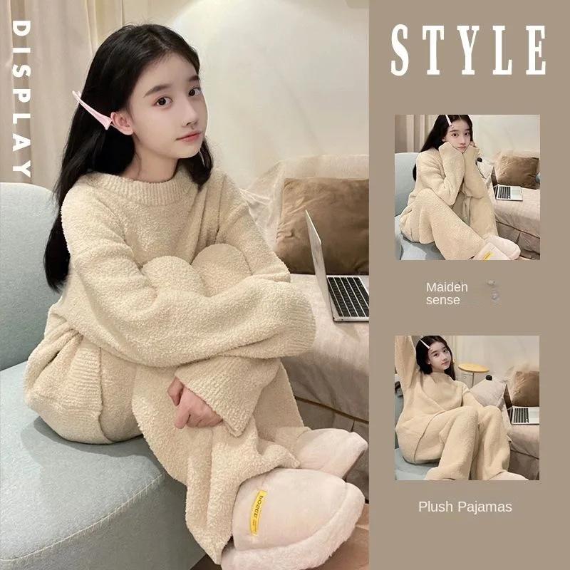 

Sweet Maiden Knit Long Sleeve Pajamas Female Wintertime New Style Advanced Solid Color Thickening Type Warm Home Set Comfort