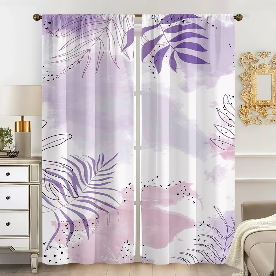 2 Stück mehrfarbige lila-rosa Aquarell-Vorhänge mit Palmenblattmuster und Stangeneinschub-Design für Schlafzimmer und Wohnzimmer