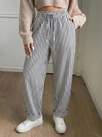 Pantalones a Rayas de Cintura Alta para Mujer, Tallas Grandes, con Cordón Ajustable, Estilo Casual, Pierna Ancha, Moda Otoñal, Ropa Urbana Informal, Blanco y Negro