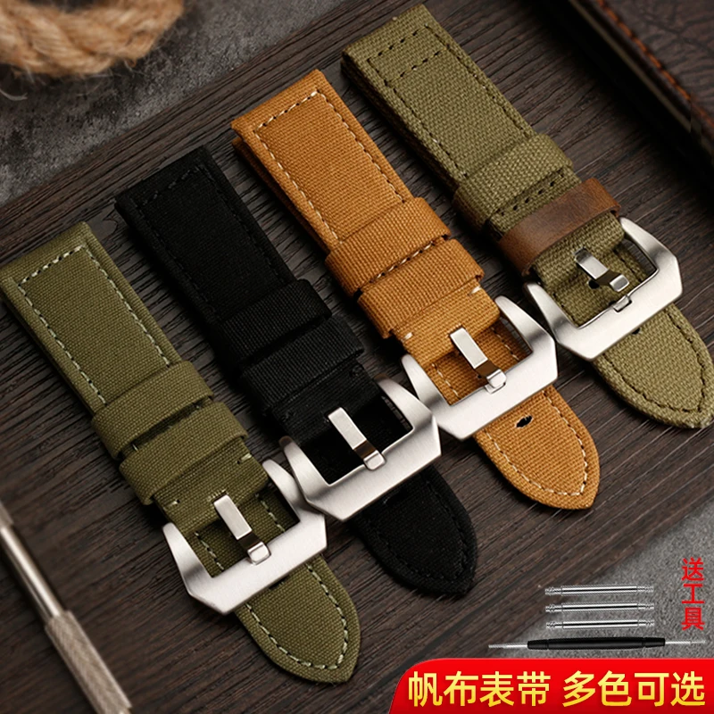 Double-sided canvas Watchband For Panerai ZENITH fossil Breitling Men's Retro Watch strap Cowhide bottom Thickens bracelet  24mm