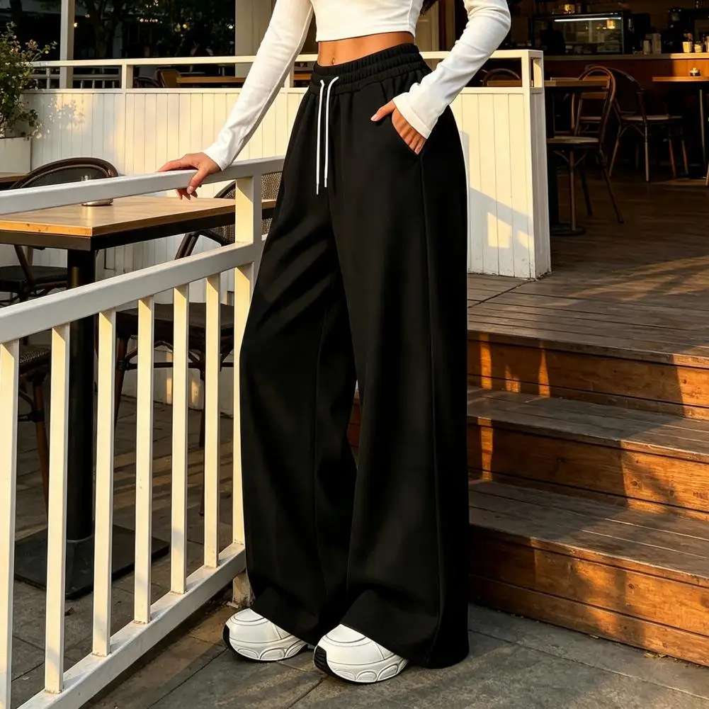 Wrinkle Resistant Pants Fleece Lined Winter Trousers Women Wide Leg Pants for Fall Winter Drawstring Elastic Waist Trousers