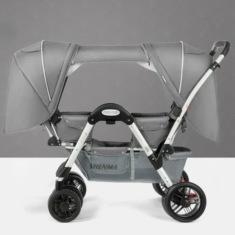 Multifunktion aler Doppel kinderwagen-Allrad-Stoßdämpfer, Liege sitze, verbesserter Baldachin, vielseitiger Doppelwagen