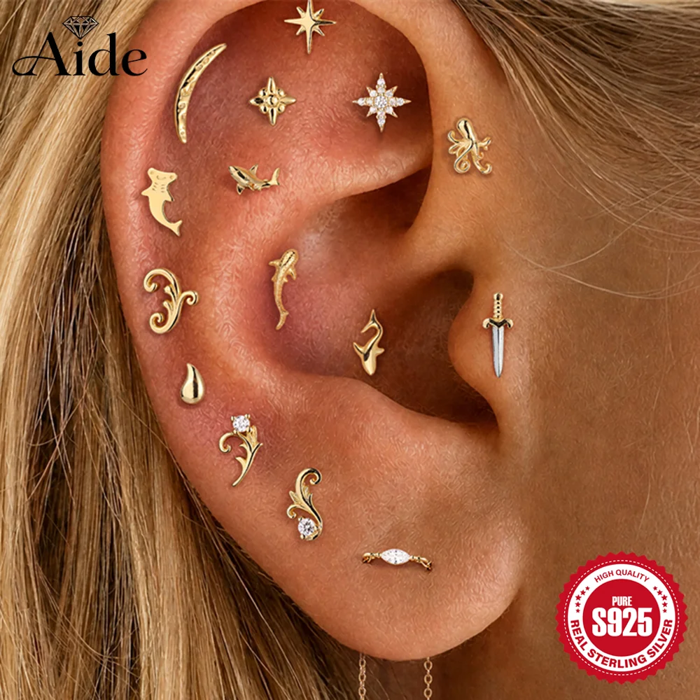 AIDE 1Pc 925 Sterling Silver Glossy Ocean Series Shark Dolphin Women's 16G Cartilage Helix Tiny Star Moon Piercing Earrings