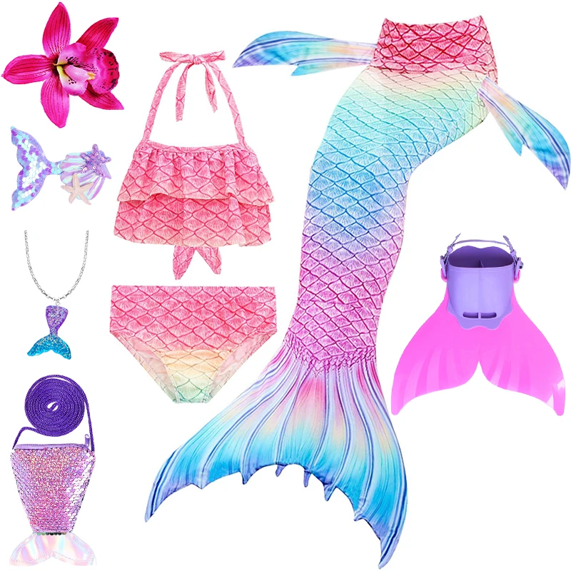 3Piece/Set Rainbow Princess Mermaid Swimsuit for Girls Summer Children Beach Vacation Swimming Pool Swim Fishtail Split Swimwear