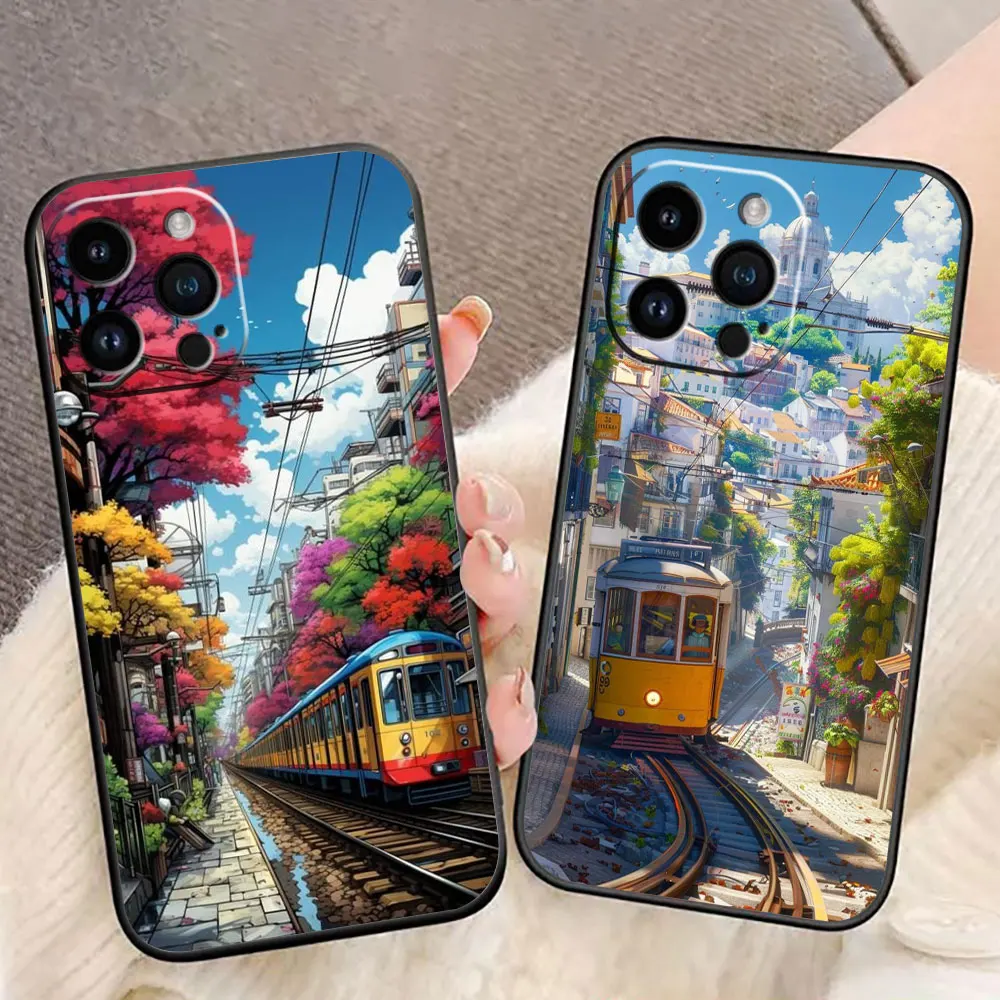 Bus View Cherry Blossoms Phone Case For iphone 16 15 14 13 12 11 XS Max Mini X SE 2020 2022 8 7 6 5 Silicone Case Funda Shell