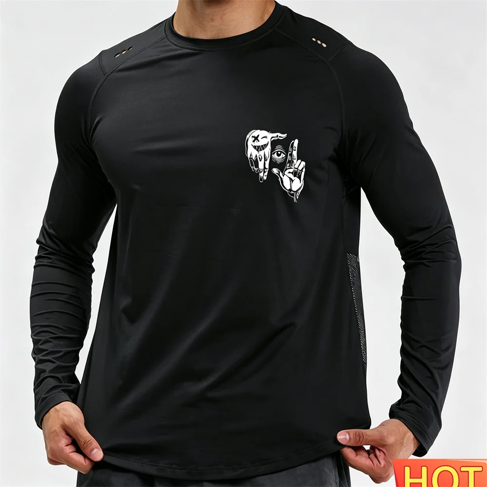 Autumn Men's Fitness Long sleeved T-shirt Anime Gesture Pattern T-shirt Cotton Elastic Loose fitness T-shirt Gym men's clothing