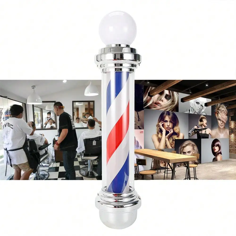 

32" Barber Pole LED Light Red White Blue Rotating Stripes Metal Hair Salon Shop