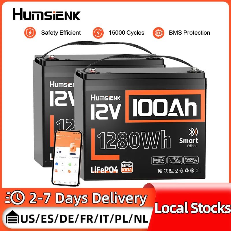 

Humsienk LiFePO4 12 В 100 Ач Bluetooth аккумулятор 2 упаковки аккумулятора класса A 8000 циклов BMS класса A для лодки RV Camper Off-Grid Резервное копирование