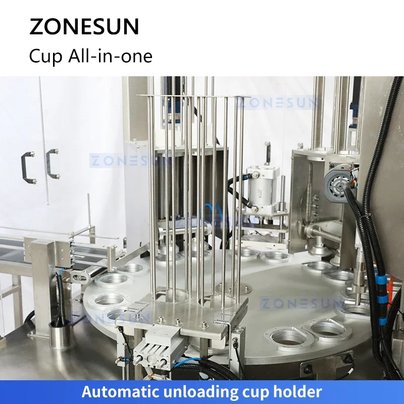 Zonesun ZS-AFS02 ماكينة تعبئة وختم الأكواب الأوتوماتيكية ماكينة حشو الأكواب الدوارة ماكينة ختم الأكواب الزبادي