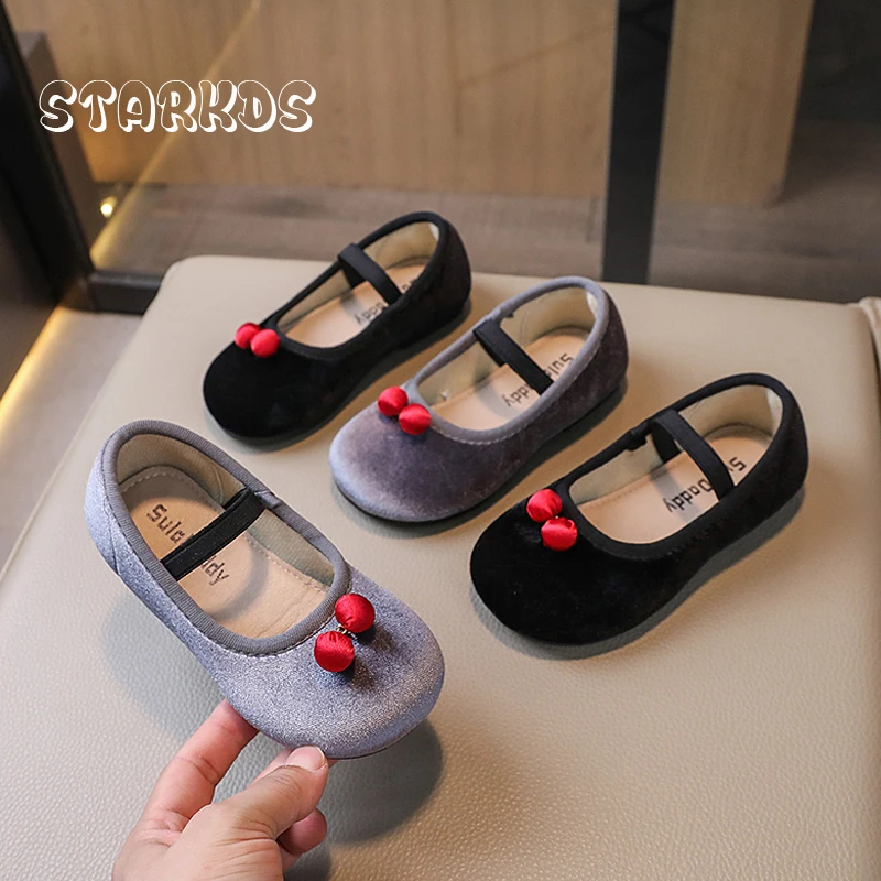 Cute Cherry Ornament Velvet Shoes Baby Girls Vintage Grey Velour Ballet Flats Child Round Toe Elastic Band Ballerina Zapatos