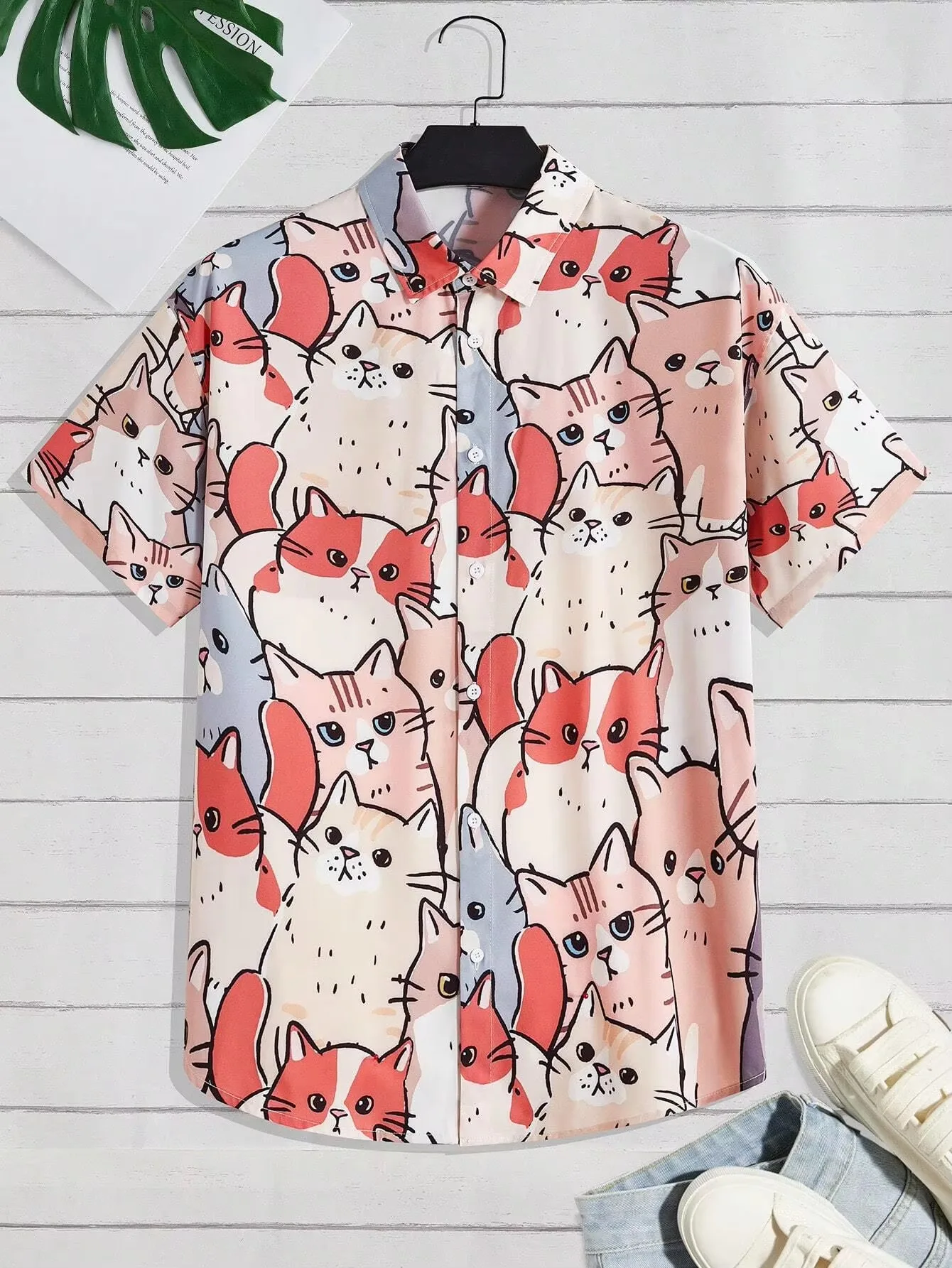 Men's Cute Cat Printed Casual Day Wear 3D Printed Short Sleeve Shirt Fashion Harajuku Hawaiian Shirt