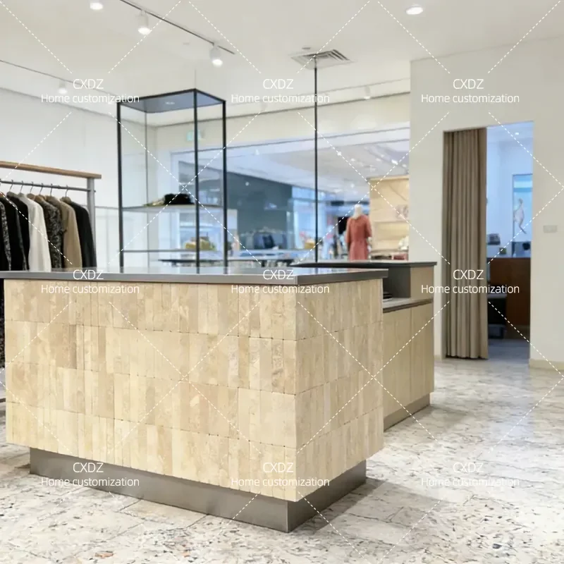 Stainless Steel Integrated Commercial Front Desk Limestone Bar Reception Counter for Women Clothing Store Checkout Area