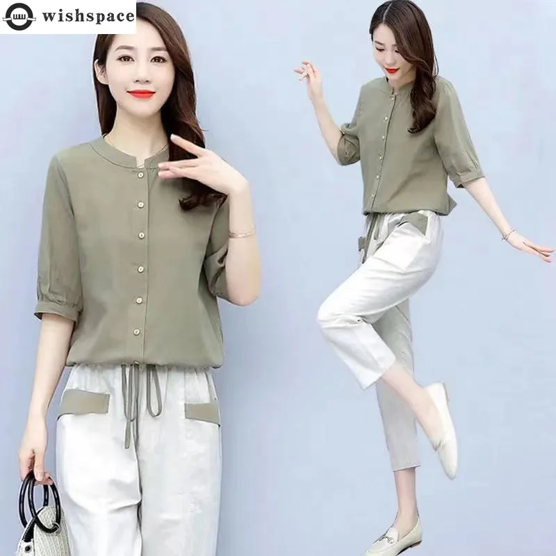 2022 Summer New Short Sleeve Chiffon Shirt Top Pocket Decoration Casual Trousers Two Piece Elegant Women's Pants Set Clothing