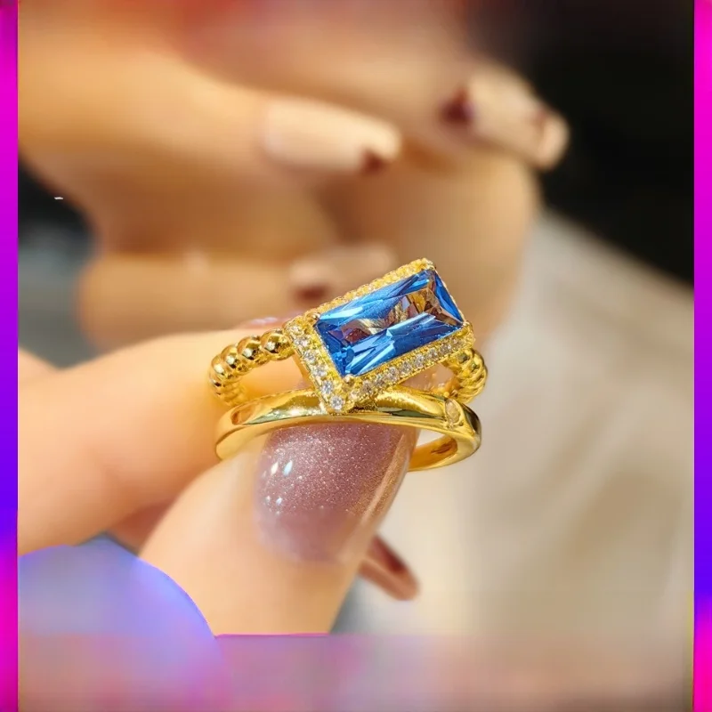 

Кольцо из 24-каратного золота с топазом, инкрустированное высокоуглеродистым бриллиантом и синим кристаллом, дизайн Sli, универсальное ювелирное украшение