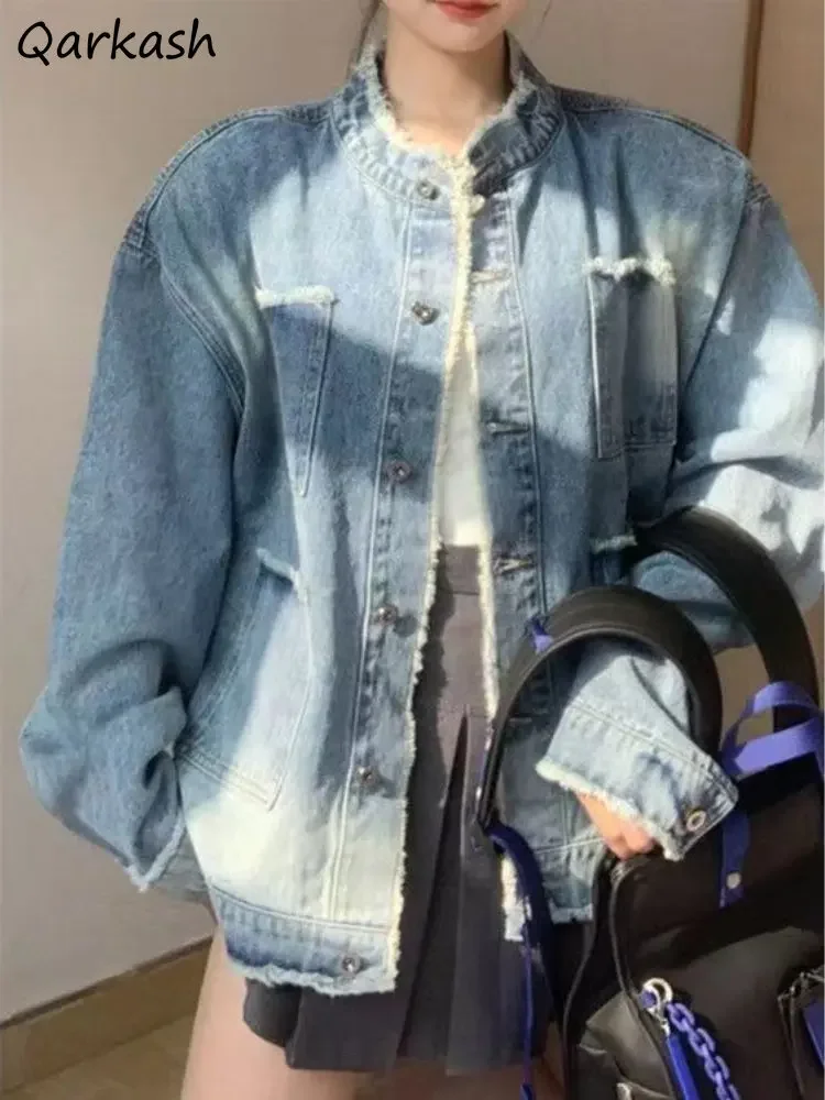 

Denim Jackets for Women Baggy Washed Vintage Spring Coats Long Sleeve Tassel Streetwear Chaqueta Mujer All-match College Ulzzang