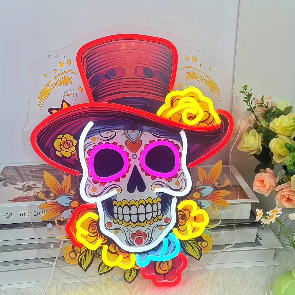 Mexican Sugar Skull Neon Sign - USB-Powered Day of the Dead Wall with UV Printed Calavera, Single-Color Glow