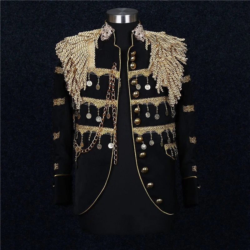 

Men's Renaissance Steampunk Gothic Vintage Suit Jacket Royal Court Coat Prince Costume Homme Slim Fit Stand Collar Gold Tassels