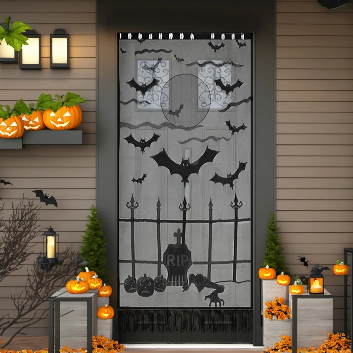 Halloween Black Lace Skull Witch Window Curtain Spooky Spider Web Print Door Drapes Home Indoor Office Party Decor Supplies - view 4