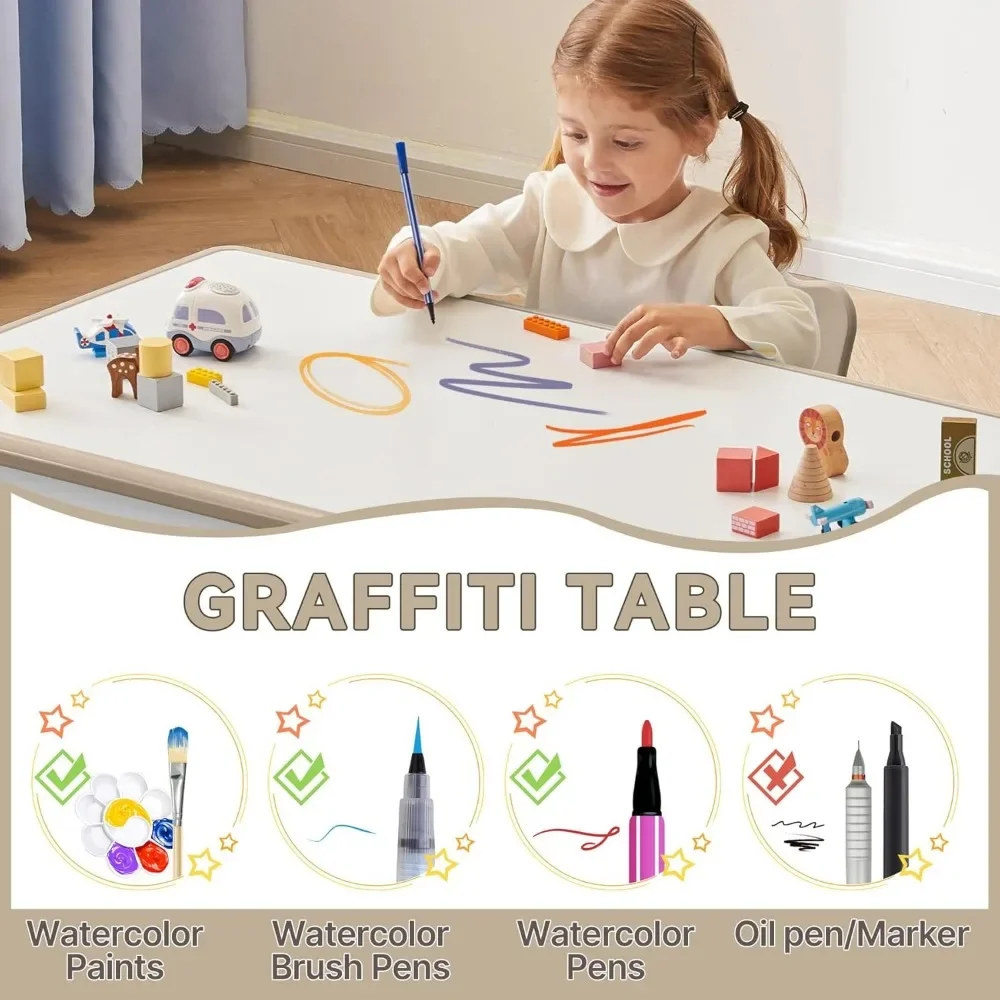 Kids Study Table and Chairs Set, Height Adjustable Toddler Table and Chair Set  Graffiti Desktop