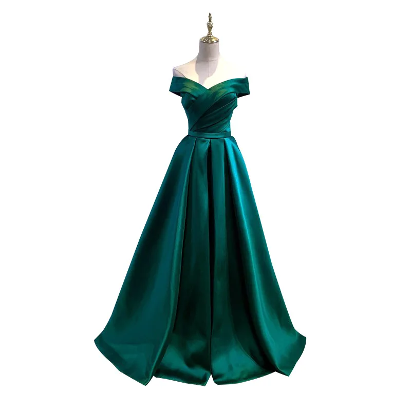 Off Shoulder Satin Evening  Dark Green Belted Banquet Party Dress Cap Sleeve A Line Formal Evening Dress Vestidos Customized