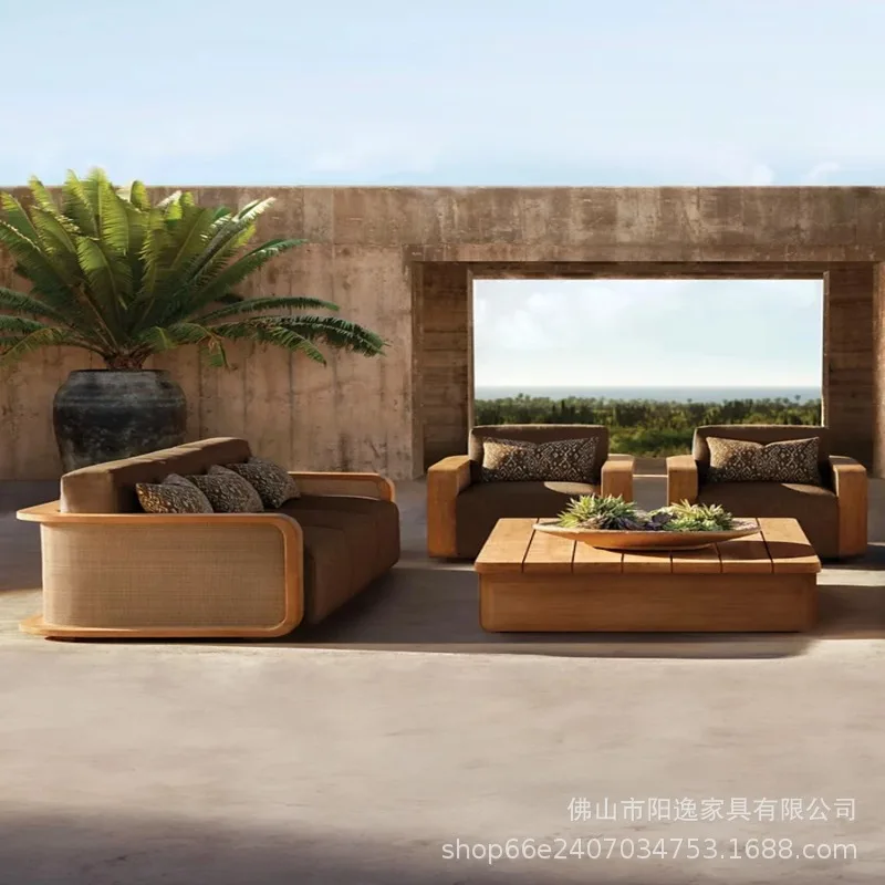 Outdoor Teak Sofa, Waterproof And Sun-Resistant, Suitable For Villas, Courtyards, Gardens, Hotels, And Nordic-Style Patios; Anti