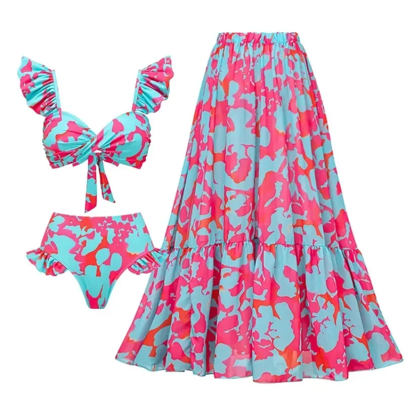 

Printed Ruffle Bikini and Skirt for Women, Vacation Swimwear, Beachwear, Bathing Suit, 2 Piece Set