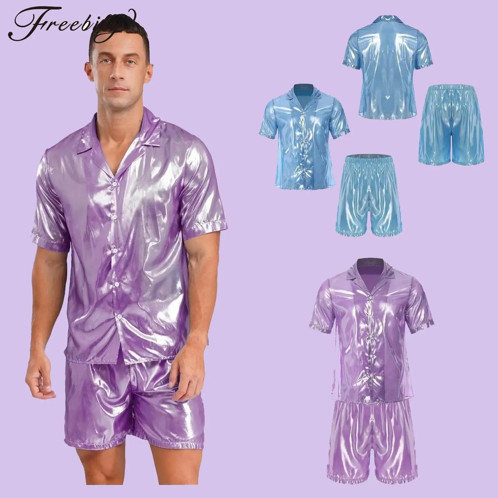 

Men's Clubwear Outfits Two Piece Set Water-ripple Shine Shirt Top with Boxer Shorts Disco Rave Costumes Shiny Beachwear Suit