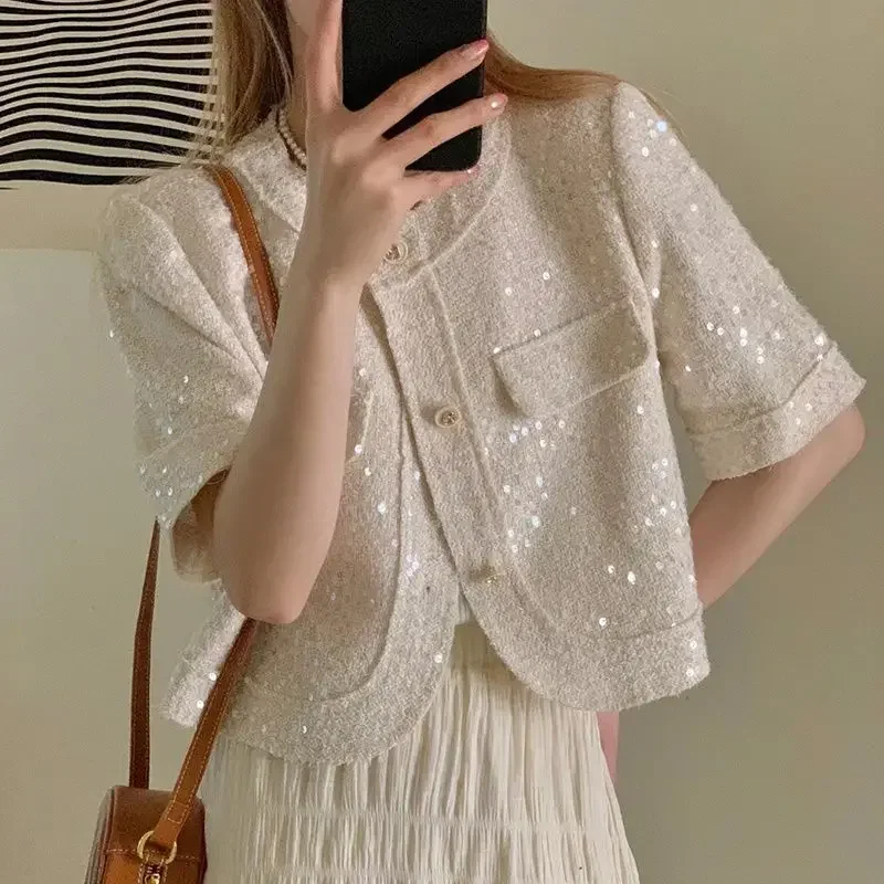 Summer High Quality Korean Tweed Paillette Short Sleeve Jacket Coat Women Korean Fashion Sequin Short Outerwear Top