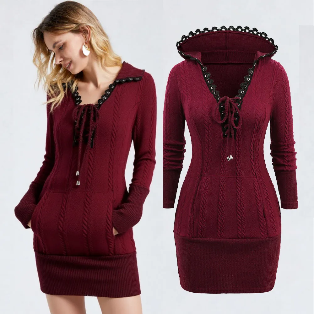 

ROSEGAL Plus Size Mini Sweater Dress Deep Red Grommets Lace-up Lace Trim Cable Knit Pocket Hooded Dress 2026 Autumn Winter