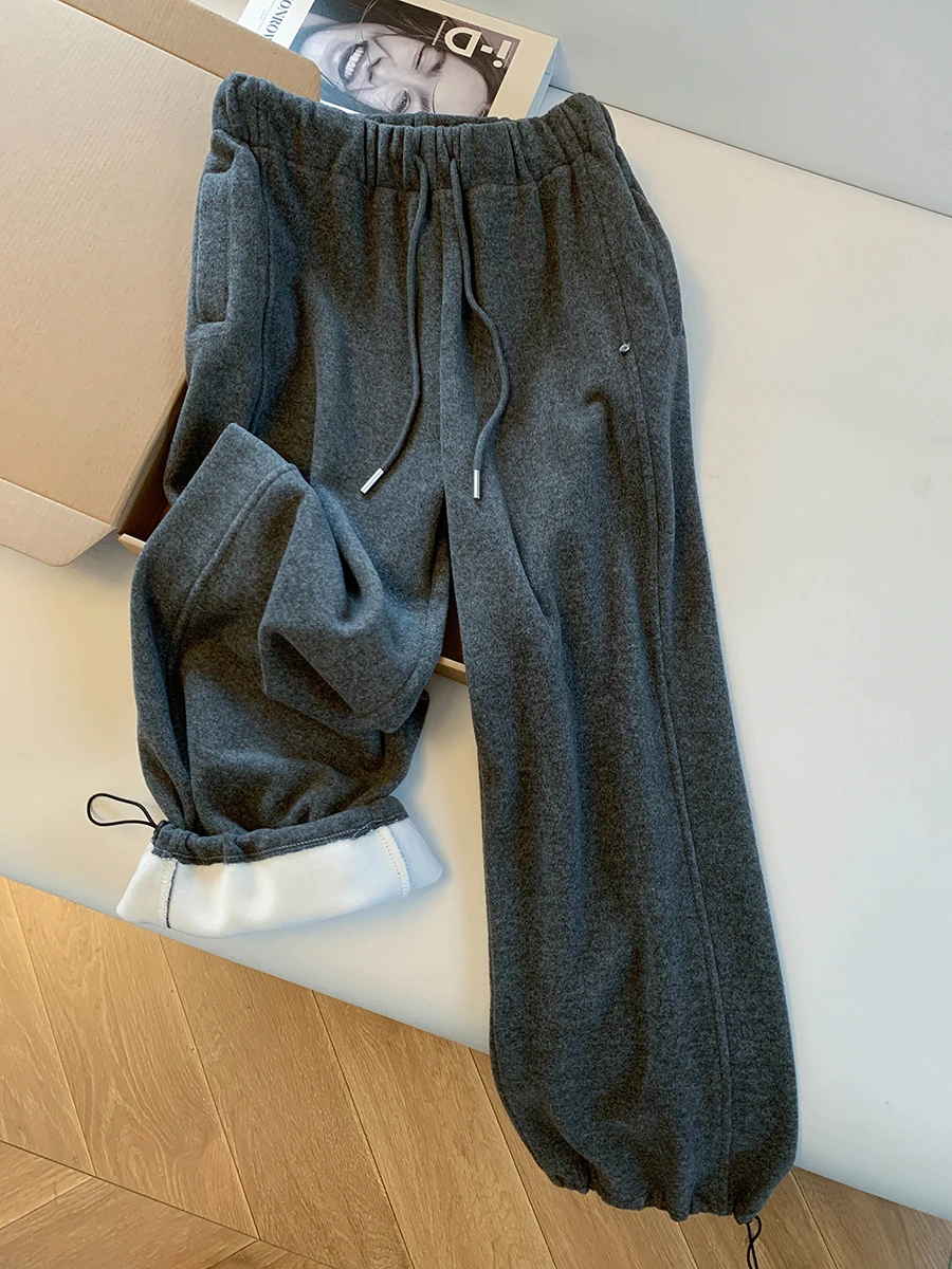 

Warm Fleece Lined Wide Leg Pants Women's High Waist Trousers Asymmetrical Korean Style Commute Long Knitted Pants Winter