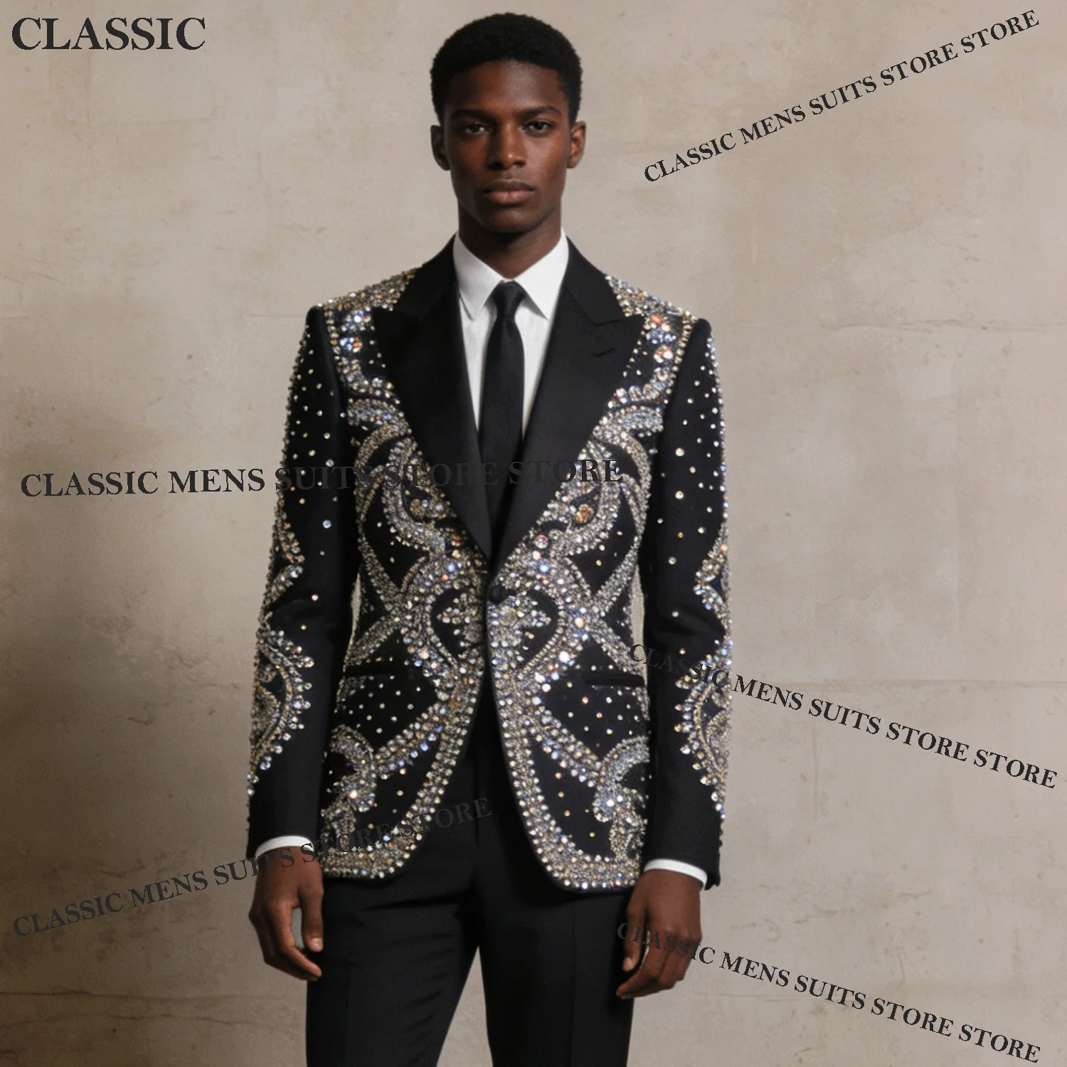 

Handsome Customized Tuxedos Men Suits Diamond Decoration Luxury Peaked Lapel Groom 2 Pieces Set Wedding Male Prom Blazers suits
