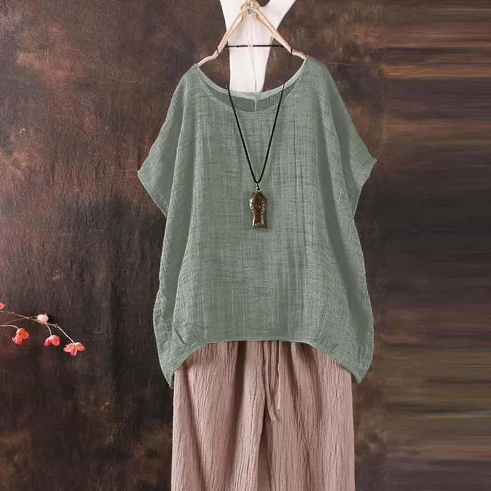 Summer Cotton Linen Blouse Women's Shirt Solid Colour Round Neck Casual Shirt Blouse Loose Versatile Short Sleeve Shirt Blouse