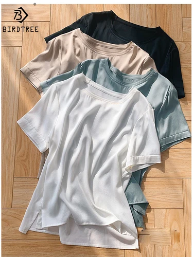 Birdtree, camiseta de mujer de 19MM 92% seda, Top informal de satén de Color sólido de verano, camisetas básicas de manga corta con cuello redondo T37701QD